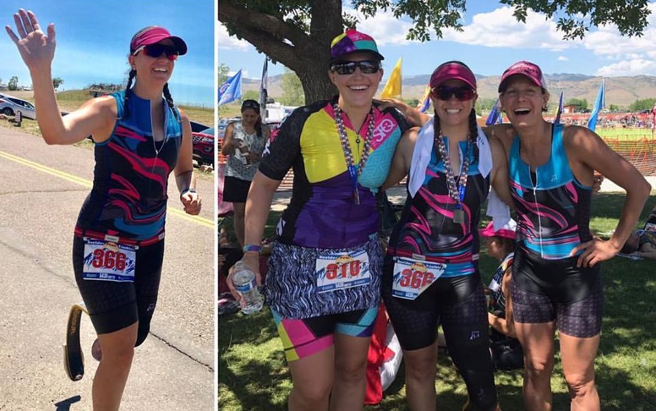 Giving high-fives on the course of the Boulder Peak Tri in 2017 and then a group photo with friends Theresa and Nicole DeBoom