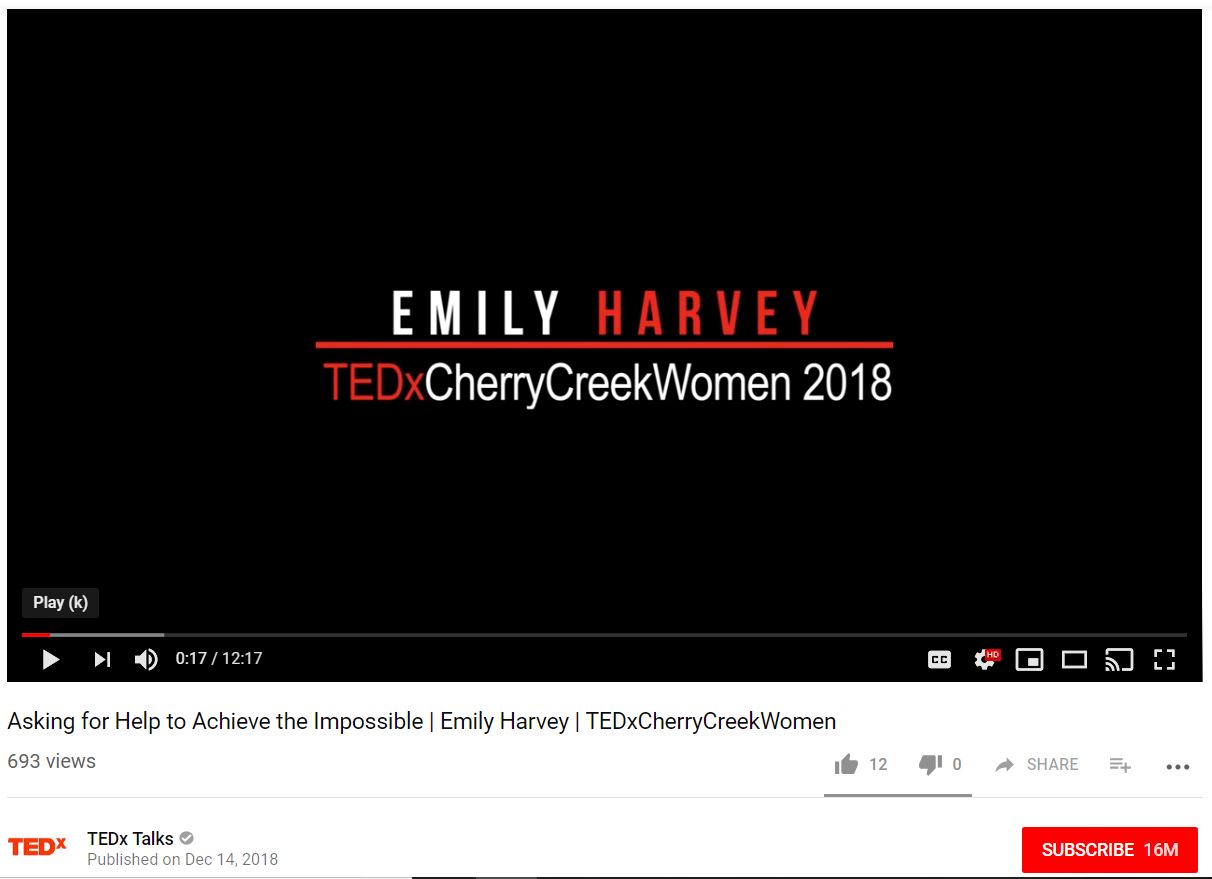 screenshot of opening of TEDx video - screen is black and words in red/white say "Emily Harvey | TEDxCherryCreekWomen 2018"
