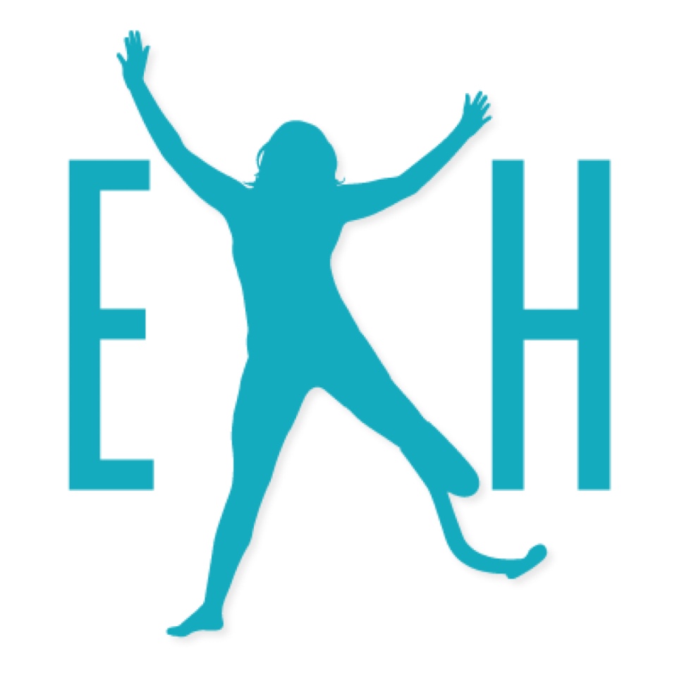 Turquoise Logo that is an E and and H with a silhouette of Emily jumping in the middle. She is wearing a running prosthesis.